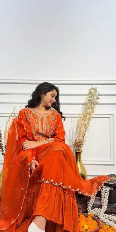 Orange Chinon Silk Embroidery Work Salwar Suit | Jump Suits, Salwar suit, Casual Suits, Creative suits, Designer Suits, Palazzo Suits, Party Wear Suits, Patiala Suits, Straight Suits