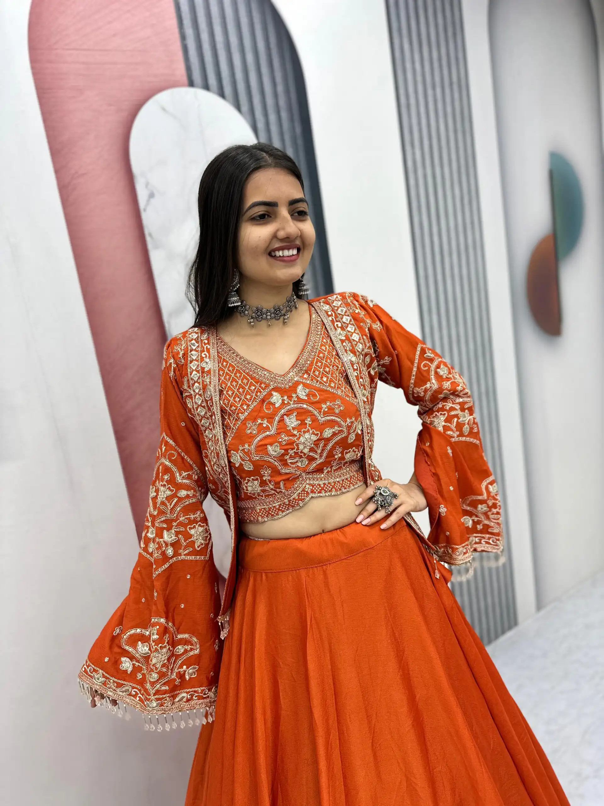 Orange Chinon Silk Thread Work Lehenga Choli | Lehenga, Bollywood Lehenga, Creative Lehenga, Designer Lehenga, Embroidered Lehenga, Party Wear Lehenga