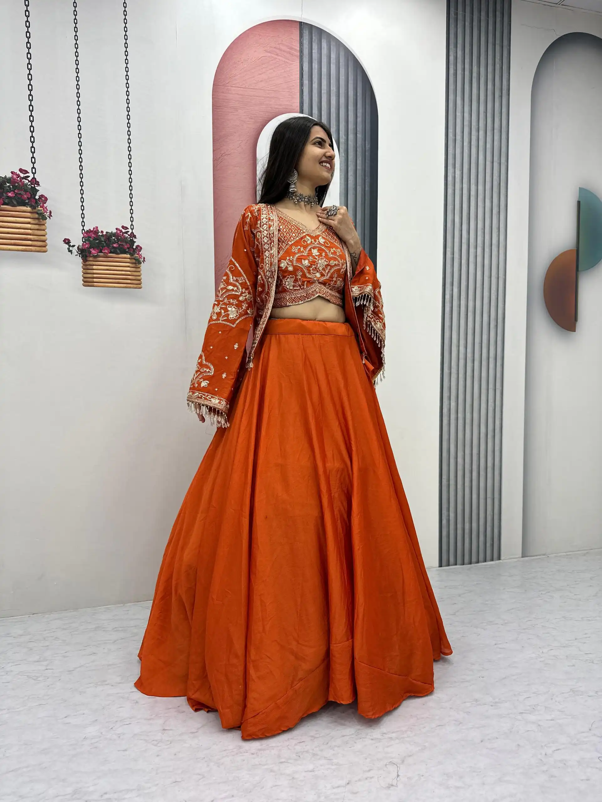 Orange Chinon Silk Thread Work Lehenga Choli | Lehenga, Bollywood Lehenga, Creative Lehenga, Designer Lehenga, Embroidered Lehenga, Party Wear Lehenga