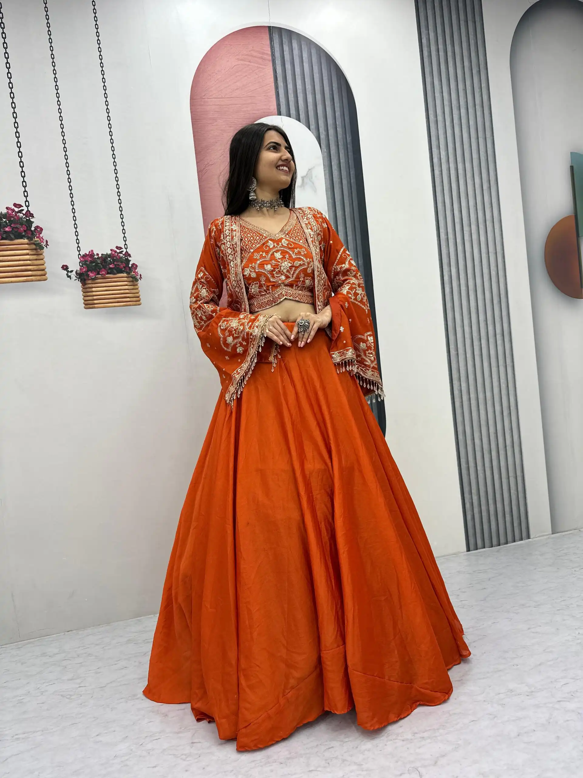 Orange Chinon Silk Thread Work Lehenga Choli | Lehenga, Bollywood Lehenga, Creative Lehenga, Designer Lehenga, Embroidered Lehenga, Party Wear Lehenga