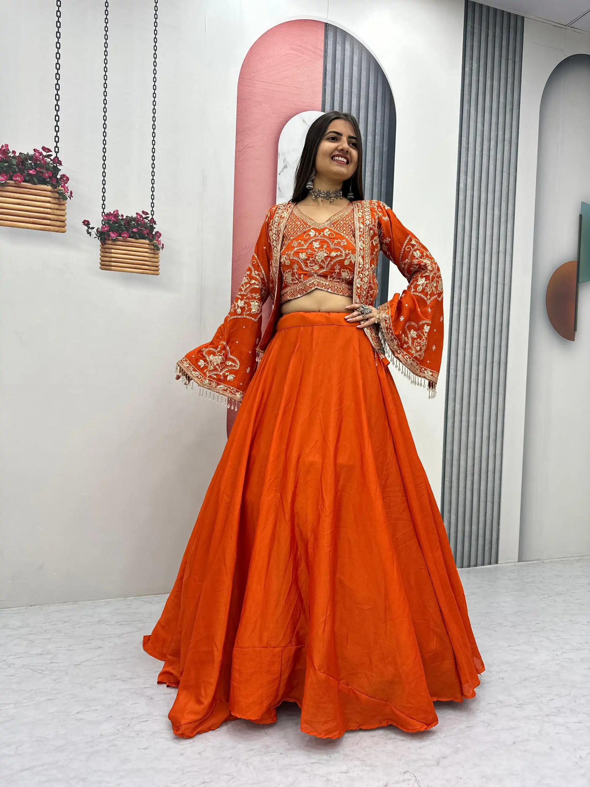 Orange Chinon Silk Thread Work Lehenga Choli | Lehenga, Bollywood Lehenga, Creative Lehenga, Designer Lehenga, Embroidered Lehenga, Party Wear Lehenga