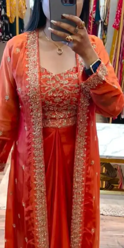 Orange Chinon Silk With Embroidery Work Dhoti Suit | Jump Suits, Salwar suit, Casual Suits, Creative suits, Designer Suits, Palazzo Suits, Party Wear Suits, Patiala Suits, Straight Suits