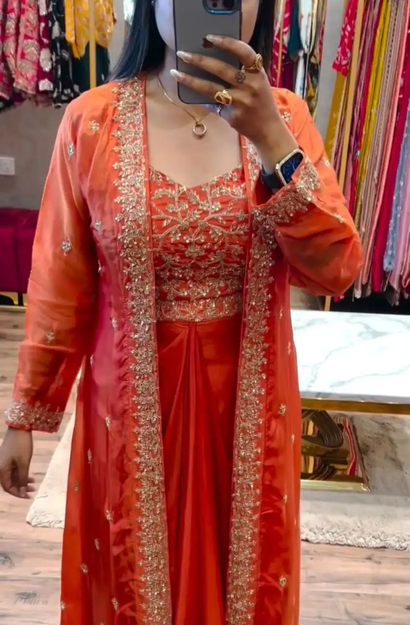 Orange Chinon Silk With Embroidery Work Dhoti Suit | Jump Suits, Salwar suit, Casual Suits, Creative suits, Designer Suits, Palazzo Suits, Party Wear Suits, Patiala Suits, Straight Suits