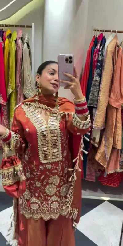 Orange Cosmos Mirror Embroidery Work Salwar Suit | Jump Suits, Salwar suit, Casual Suits, Creative suits, Designer Suits, Palazzo Suits, Party Wear Suits, Patiala Suits, Straight Suits