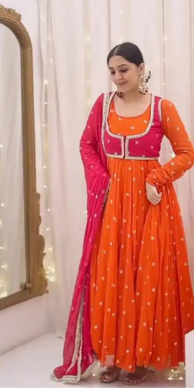 Orange Faux Georgette Sequence Lace Work Salwar Suit | Jump Suits, Salwar suit, Casual Suits, Creative suits, Designer Suits, Palazzo Suits, Party Wear Suits, Patiala Suits, Straight Suits