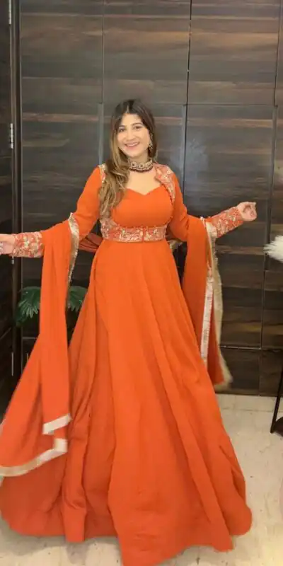Orange Faux Georgette With Embroidery Work Salwar Suit | Jump Suits, Salwar suit, Casual Suits, Creative suits, Designer Suits, Palazzo Suits, Party Wear Suits, Patiala Suits, Straight Suits