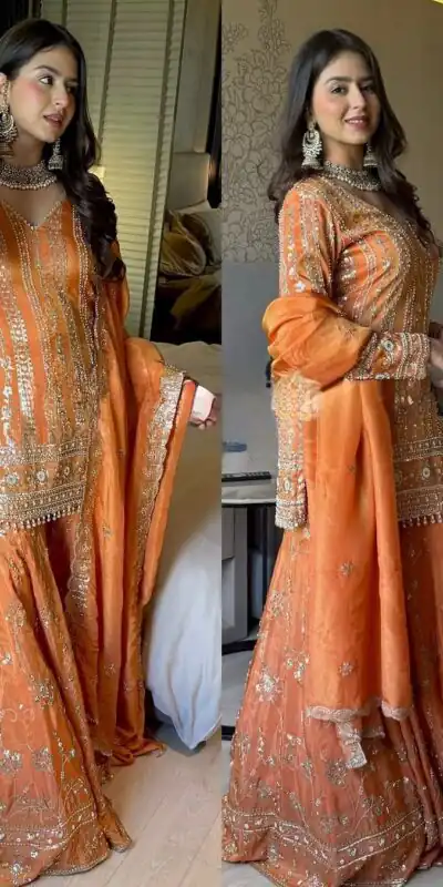 Orange Faux Georgette With Lace Work Salwar Suit | Jump Suits, Tops & Bottoms, Track Suits, Salwar suit, Casual Suits, Creative suits, Designer Suits, Palazzo Suits, Party Wear Suits, Patiala Suits, Straight Suits, Trendy Wear