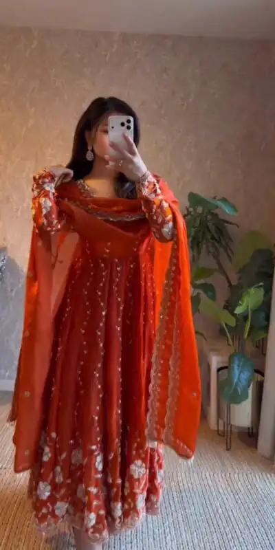 Orange Fendy Silk Sequence Work Salwar Suit | Jump Suits, Salwar suit, Casual Suits, Creative suits, Designer Suits, Palazzo Suits, Party Wear Suits, Patiala Suits, Straight Suits
