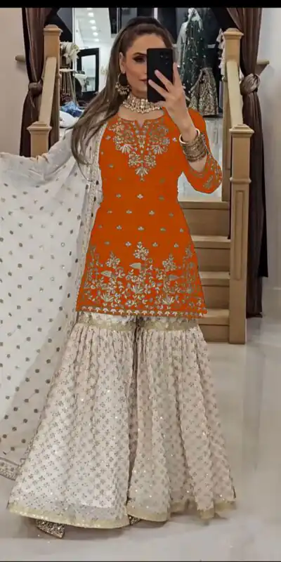 Orange Fox Georgette Embroidery Lace Work Salwar Suit | Jump Suits, Tops & Bottoms, Track Suits, Salwar suit, Casual Suits, Creative suits, Designer Suits, Palazzo Suits, Party Wear Suits, Patiala Suits, Straight Suits, Trendy Wear