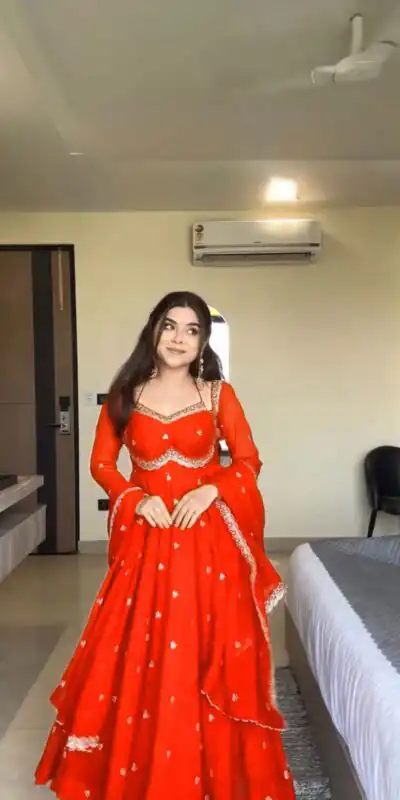 Orange Georgette Embroidery Work Gown | Gowns, Bollywood Gowns, Creative Gowns, Designer Gowns, Embroidered Gowns, Party Wear Gowns