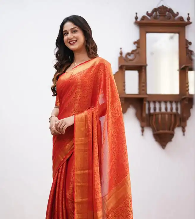 Orange Lichi Silk Border Jacquard Work Saree | Sarees, Bollywood Sarees, Creative Sarees, Designer Sarees, Embroidered Sarees, Ethnic Saree, Modern Digital sarees, Party Wear Sarees