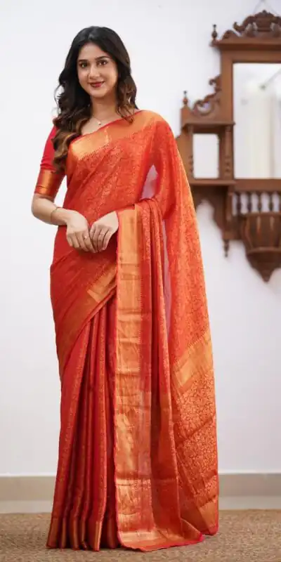 Orange Lichi Silk Border Jacquard Work Saree | Sarees, Bollywood Sarees, Creative Sarees, Designer Sarees, Embroidered Sarees, Ethnic Saree, Modern Digital sarees, Party Wear Sarees