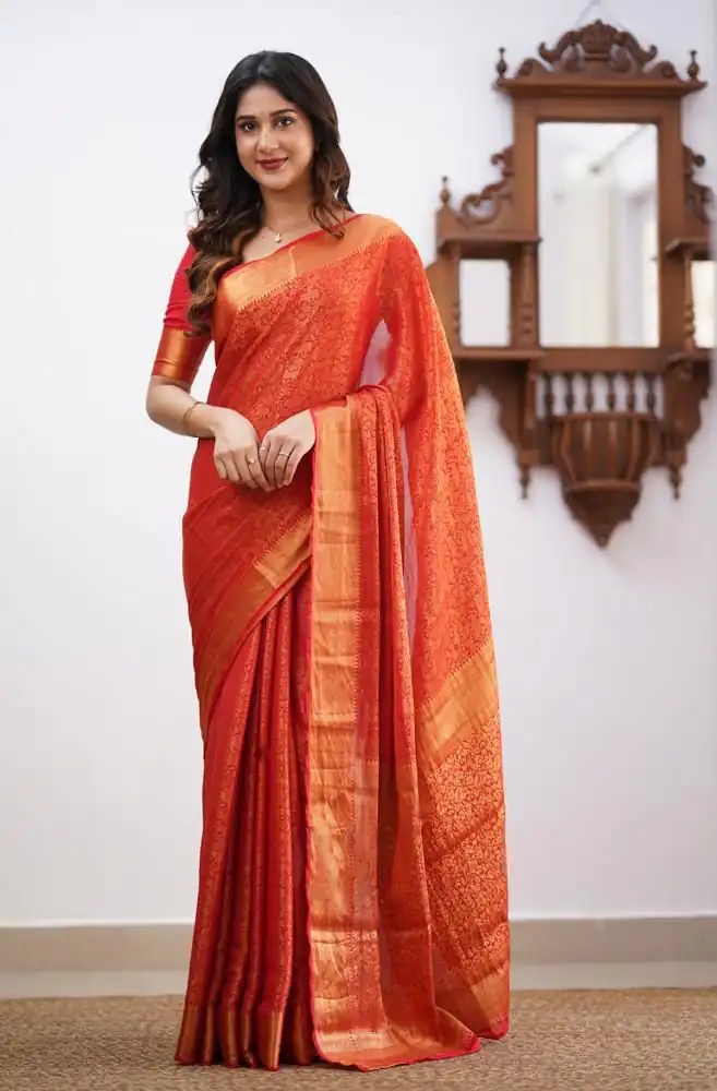 Orange Lichi Silk Border Jacquard Work Saree | Sarees, Bollywood Sarees, Creative Sarees, Designer Sarees, Embroidered Sarees, Ethnic Saree, Modern Digital sarees, Party Wear Sarees