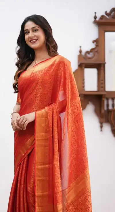 Orange Lichi Silk Border Jacquard Work Saree | Sarees, Bollywood Sarees, Creative Sarees, Designer Sarees, Embroidered Sarees, Ethnic Saree, Modern Digital sarees, Party Wear Sarees
