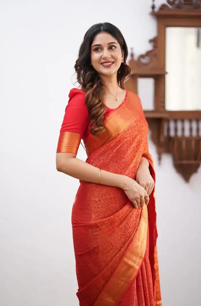 Orange Lichi Silk Border Jacquard Work Saree | Sarees, Bollywood Sarees, Creative Sarees, Designer Sarees, Embroidered Sarees, Ethnic Saree, Modern Digital sarees, Party Wear Sarees