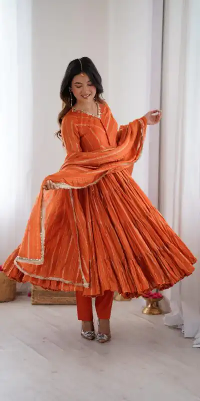 Orange Mal Chanderi Mirror Lace Work Gown | Gowns, Bollywood Gowns, Creative Gowns, Designer Gowns, Embroidered Gowns, Party Wear Gowns