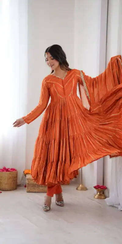 Orange Mal Chanderi Mirror Lace Work Gown | Gowns, Bollywood Gowns, Creative Gowns, Designer Gowns, Embroidered Gowns, Party Wear Gowns
