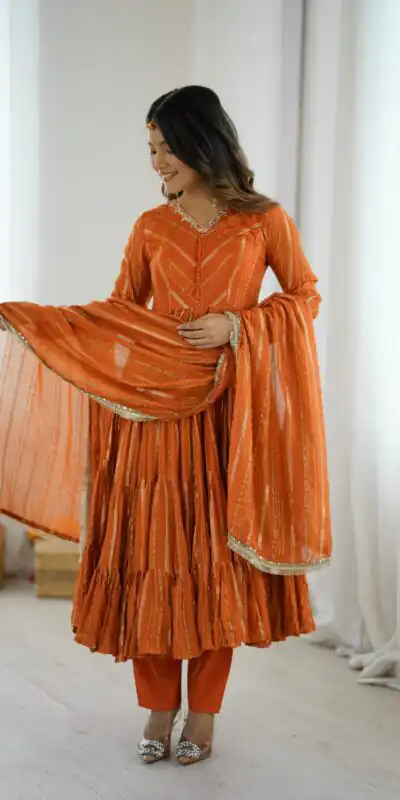 Orange Mal Chanderi Mirror Lace Work Gown | Gowns, Bollywood Gowns, Creative Gowns, Designer Gowns, Embroidered Gowns, Party Wear Gowns