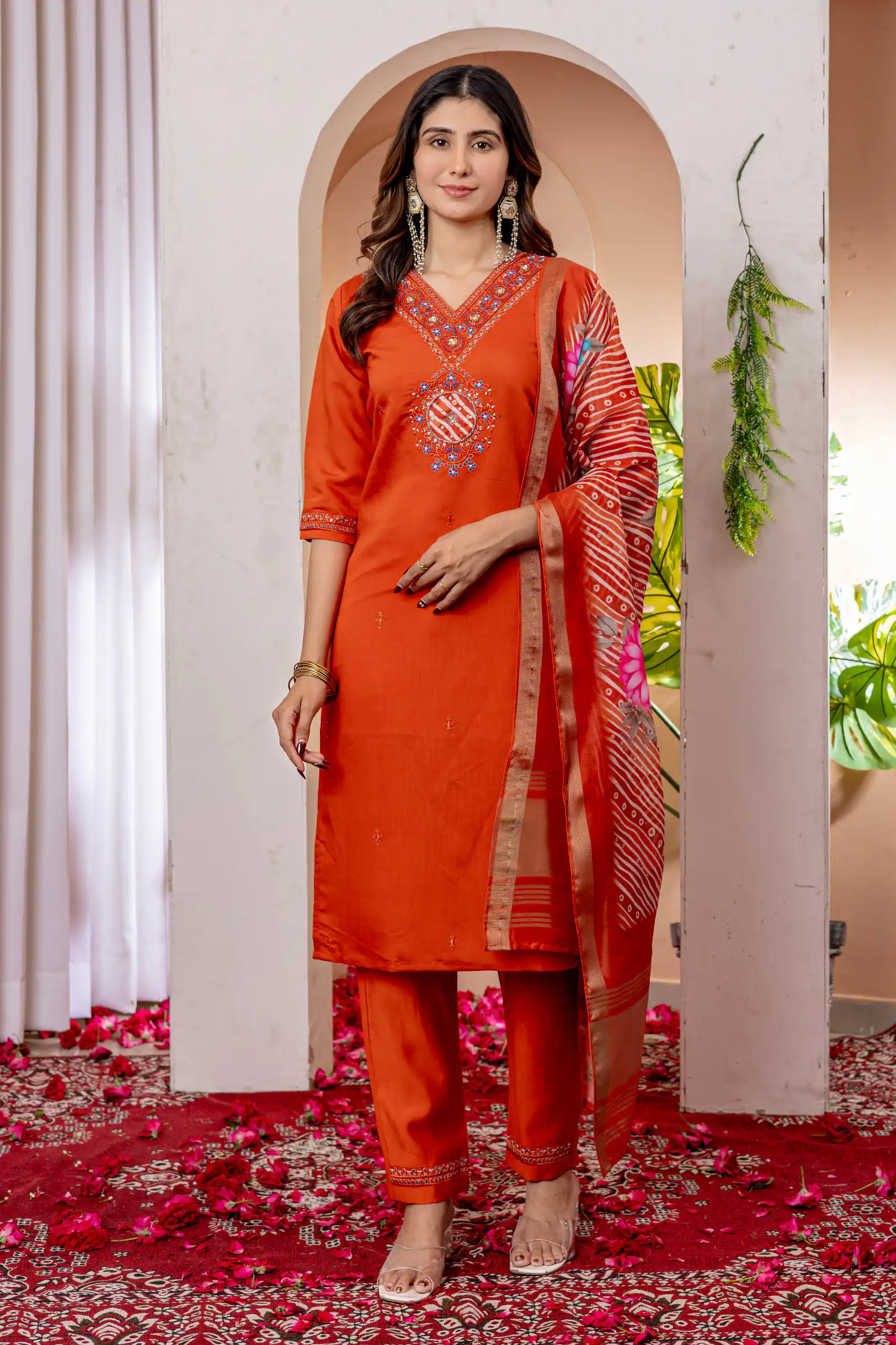 Orange Marina Silk Embroider Work Salwar Suit | Jump Suits, Salwar suit, Casual Suits, Creative suits, Designer Suits, Palazzo Suits, Party Wear Suits, Patiala Suits, Straight Suits