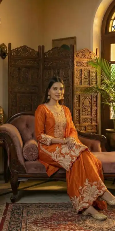 Orange Organza Silk Sequence Work Salwar Suit | Jump Suits, Salwar suit, Casual Suits, Creative suits, Designer Suits, Palazzo Suits, Party Wear Suits, Patiala Suits, Straight Suits