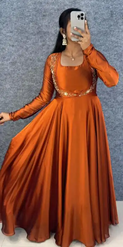 Orange Rangoli Silk Handwork Lace Work Gown | Gowns, Bollywood Gowns, Creative Gowns, Designer Gowns, Embroidered Gowns, Party Wear Gowns