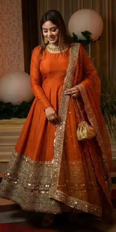 Orange Roman Silk Embroidery Lace Work Gown | Gowns, Bollywood Gowns, Creative Gowns, Designer Gowns, Embroidered Gowns, Party Wear Gowns
