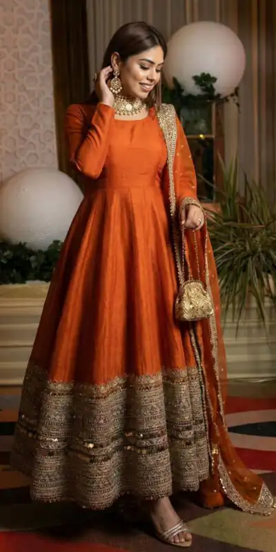 Orange Roman Silk Embroidery Lace Work Gown | Gowns, Bollywood Gowns, Creative Gowns, Designer Gowns, Embroidered Gowns, Party Wear Gowns
