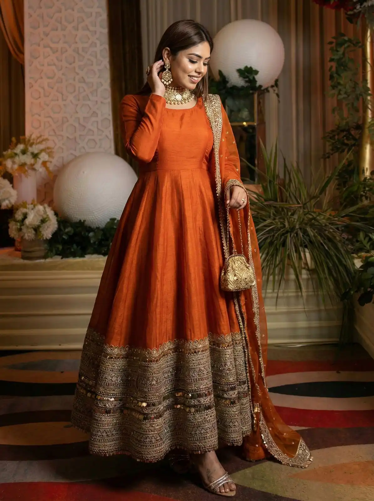 Orange Roman Silk Embroidery Lace Work Gown | Gowns, Bollywood Gowns, Creative Gowns, Designer Gowns, Embroidered Gowns, Party Wear Gowns