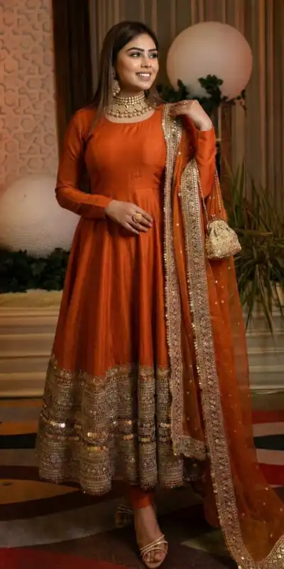 Orange Roman Silk Embroidery Lace Work Gown | Gowns, Bollywood Gowns, Creative Gowns, Designer Gowns, Embroidered Gowns, Party Wear Gowns