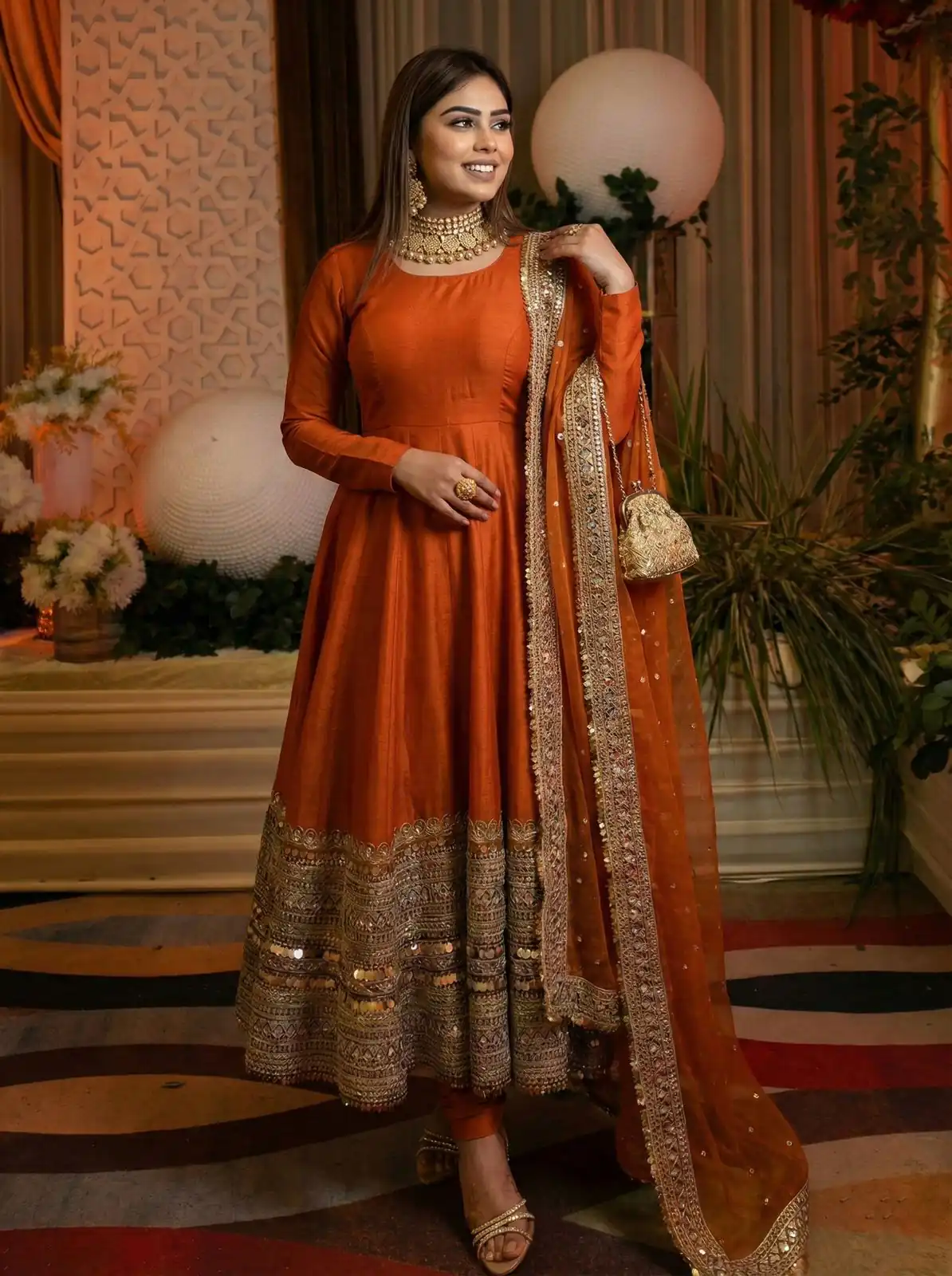 Orange Roman Silk Embroidery Lace Work Gown | Gowns, Bollywood Gowns, Creative Gowns, Designer Gowns, Embroidered Gowns, Party Wear Gowns