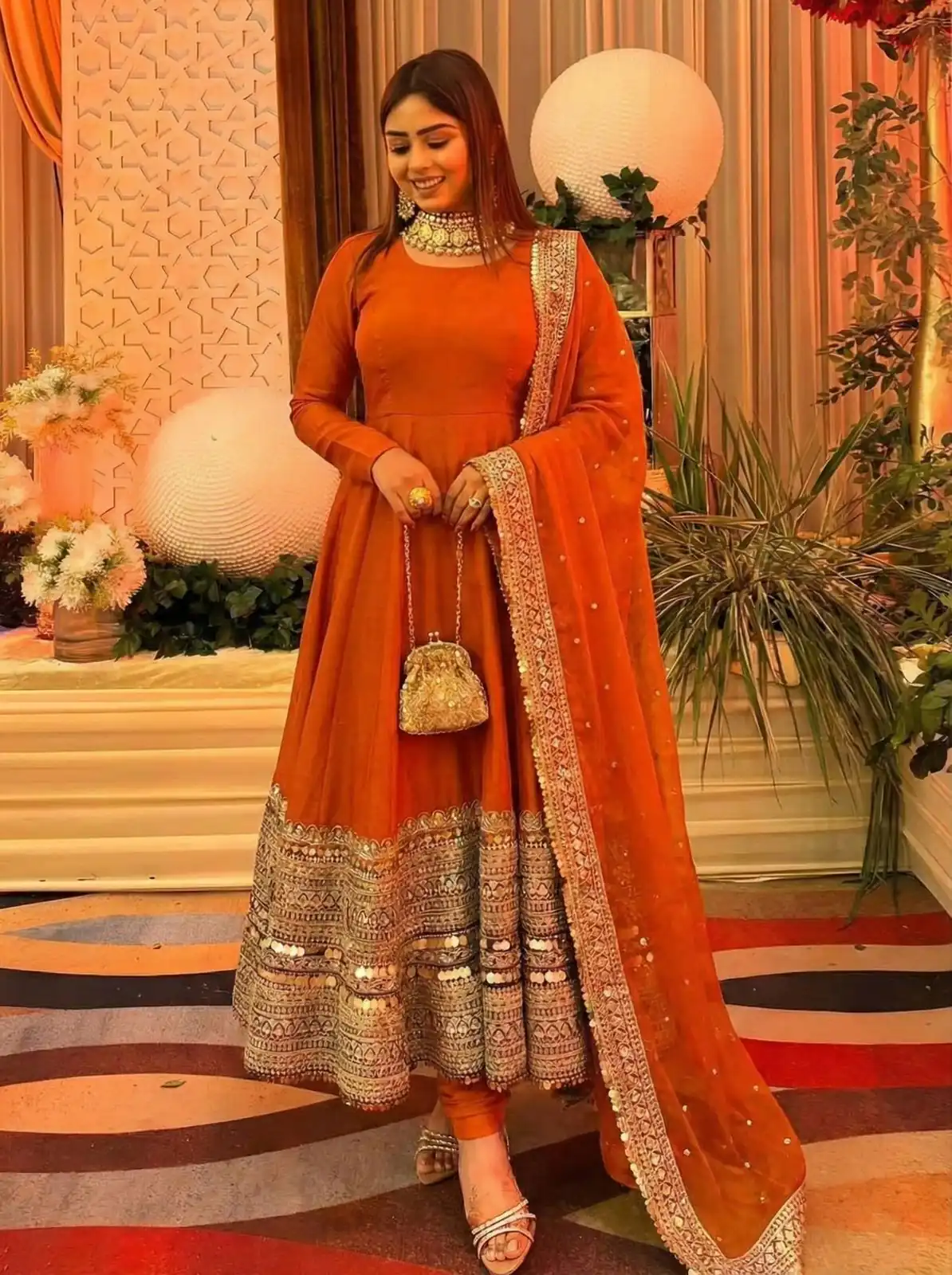 Orange Roman Silk Embroidery Lace Work Gown | Gowns, Bollywood Gowns, Creative Gowns, Designer Gowns, Embroidered Gowns, Party Wear Gowns