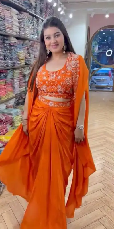 Orange Satin Silk Thread With Sequence Dhoti Suit | Jump Suits, Salwar suit, Casual Suits, Creative suits, Designer Suits, Palazzo Suits, Party Wear Suits, Patiala Suits, Straight Suits