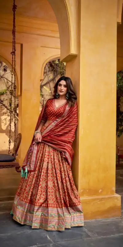 Orange Tasar Silk Gotta Patti Lace Work Lehenga Choli | Lehenga, Bollywood Lehenga, Creative Lehenga, Designer Lehenga, Embroidered Lehenga, Party Wear Lehenga