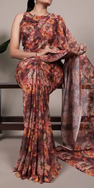 Orange Weightless Marbal Floral Print Saree | Sarees, Bollywood Sarees, Creative Sarees, Designer Sarees, Embroidered Sarees, Ethnic Saree, Modern Digital sarees, Party Wear Sarees