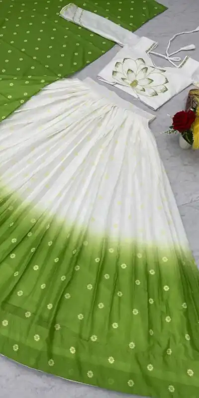 Parrot Green Chinon Digital Print Lehenga Choli | Lehenga, Bollywood Lehenga, Creative Lehenga, Designer Lehenga, Embroidered Lehenga, Party Wear Lehenga