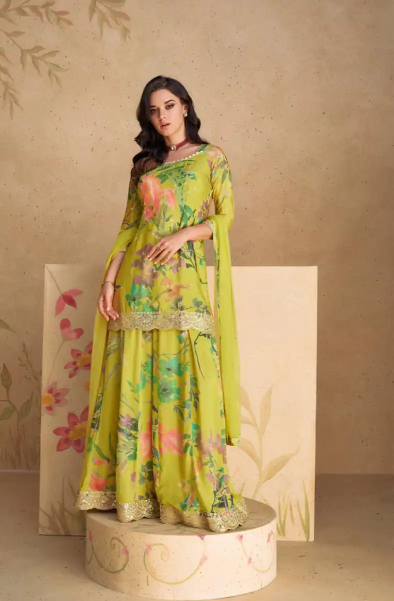 Parrot Green Chinon Printed Embroidery Work Sharara Suit | Jump Suits, Salwar suit, Casual Suits, Creative suits, Designer Suits, Palazzo Suits, Party Wear Suits, Patiala Suits, Straight Suits