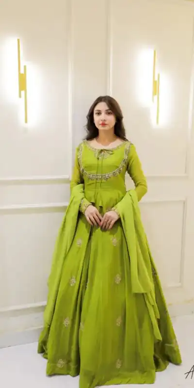 Parrot Green Georgette Embroidery Work Gown | Gowns, Bollywood Gowns, Creative Gowns, Designer Gowns, Embroidered Gowns, Party Wear Gowns