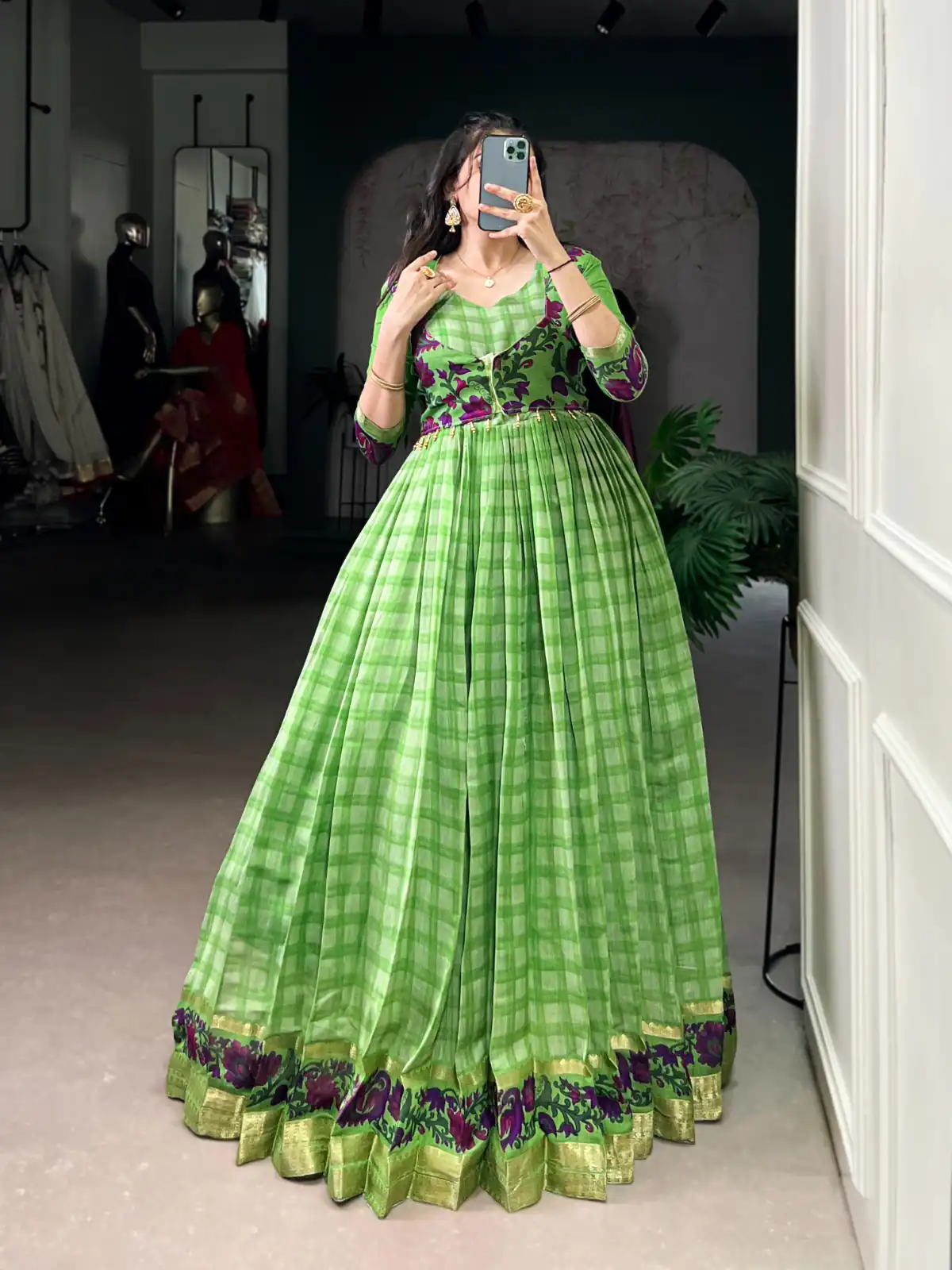 Parrot Green Polyester Viscose Chanderi Gown | Gowns, Bollywood Gowns, Creative Gowns, Designer Gowns, Embroidered Gowns, Party Wear Gowns