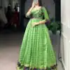 Parrot Green Polyester Viscose Chanderi Gown | Gowns, Bollywood Gowns, Creative Gowns, Designer Gowns, Embroidered Gowns, Party Wear Gowns