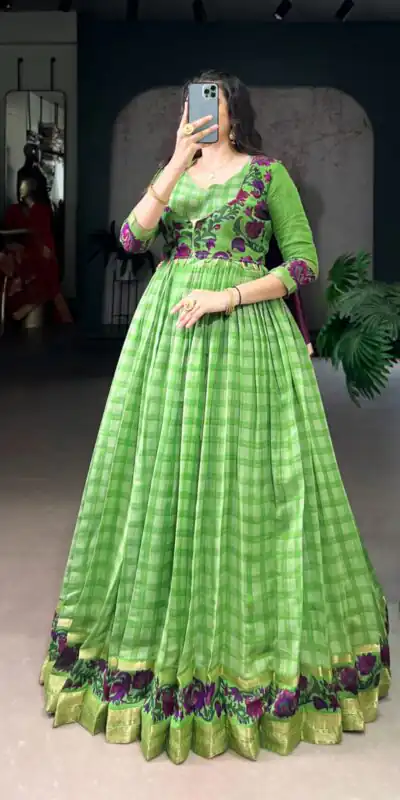 Parrot Green Polyester Viscose Chanderi Gown | Gowns, Bollywood Gowns, Creative Gowns, Designer Gowns, Embroidered Gowns, Party Wear Gowns
