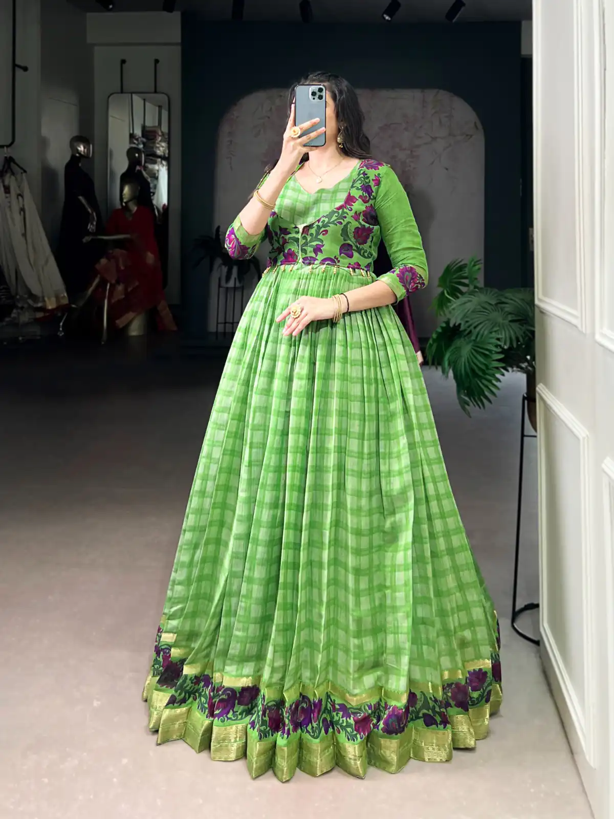 Parrot Green Polyester Viscose Chanderi Gown | Gowns, Bollywood Gowns, Creative Gowns, Designer Gowns, Embroidered Gowns, Party Wear Gowns