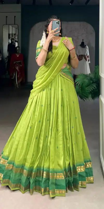 Parrot Green Pure Chanderi Zari Work Lehenga Choli | Lehenga, Bollywood Lehenga, Creative Lehenga, Designer Lehenga, Embroidered Lehenga, Party Wear Lehenga