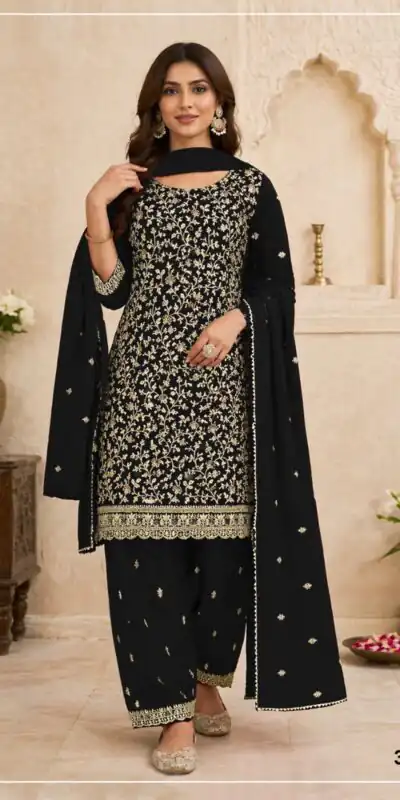 FC 3114 Black Blooming Fox Georgette Salwar Suit with Embroidery Work. Exclusive Offer ₹2499. Delivery 4-6 Working Days. Shop now. | Jump Suits, Salwar suit, Casual Suits, Creative suits, Designer Suits, Palazzo Suits, Party Wear Suits, Patiala Suits, Straight Suits