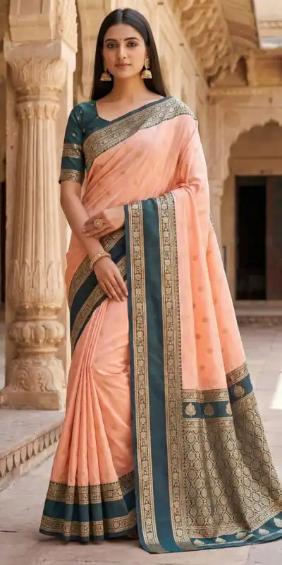 Peach Banarasi Gold Zari Work Saree | Sarees, Bollywood Sarees, Creative Sarees, Designer Sarees, Embroidered Sarees, Ethnic Saree, Modern Digital sarees, Party Wear Sarees