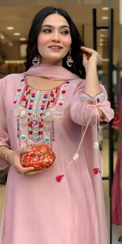 Peach Chanderi Silk With Mirror Work Embroidery Salwar Suit | Jump Suits, Salwar suit, Casual Suits, Creative suits, Designer Suits, Palazzo Suits, Party Wear Suits, Patiala Suits, Straight Suits