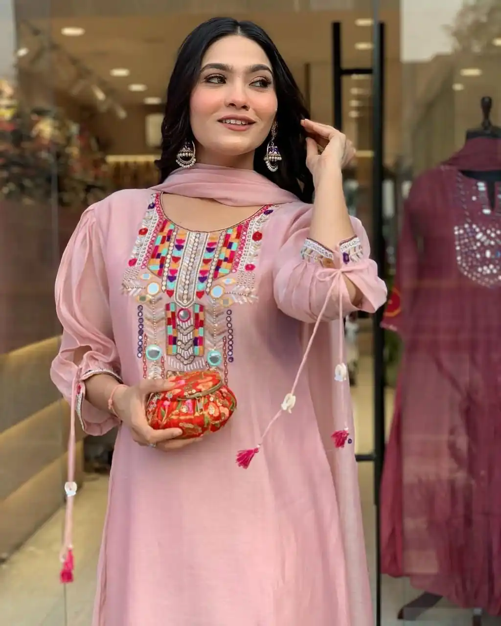 Peach Chanderi Silk With Mirror Work Embroidery Salwar Suit | Jump Suits, Salwar suit, Casual Suits, Creative suits, Designer Suits, Palazzo Suits, Party Wear Suits, Patiala Suits, Straight Suits