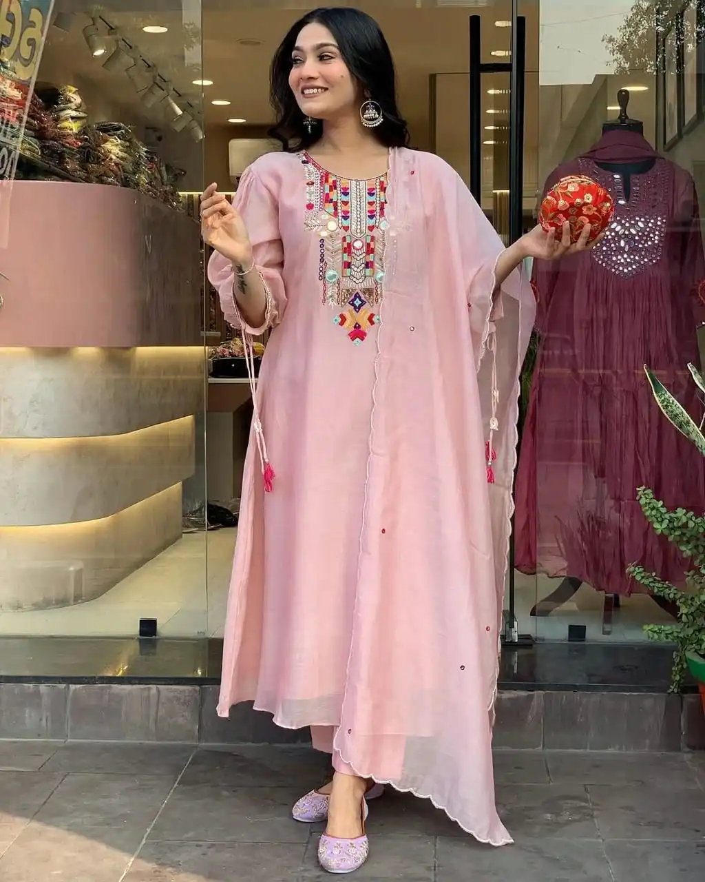 Peach Chanderi Silk With Mirror Work Embroidery Salwar Suit | Jump Suits, Salwar suit, Casual Suits, Creative suits, Designer Suits, Palazzo Suits, Party Wear Suits, Patiala Suits, Straight Suits