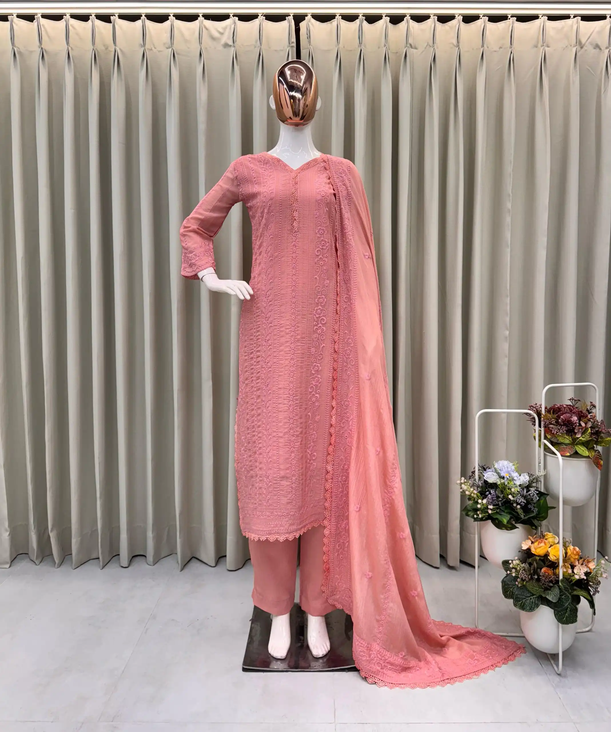 Peach Chinon Cotton Thread Embroidery Work Salwar Suit | Jump Suits, Salwar suit, Casual Suits, Creative suits, Designer Suits, Palazzo Suits, Party Wear Suits, Patiala Suits, Straight Suits