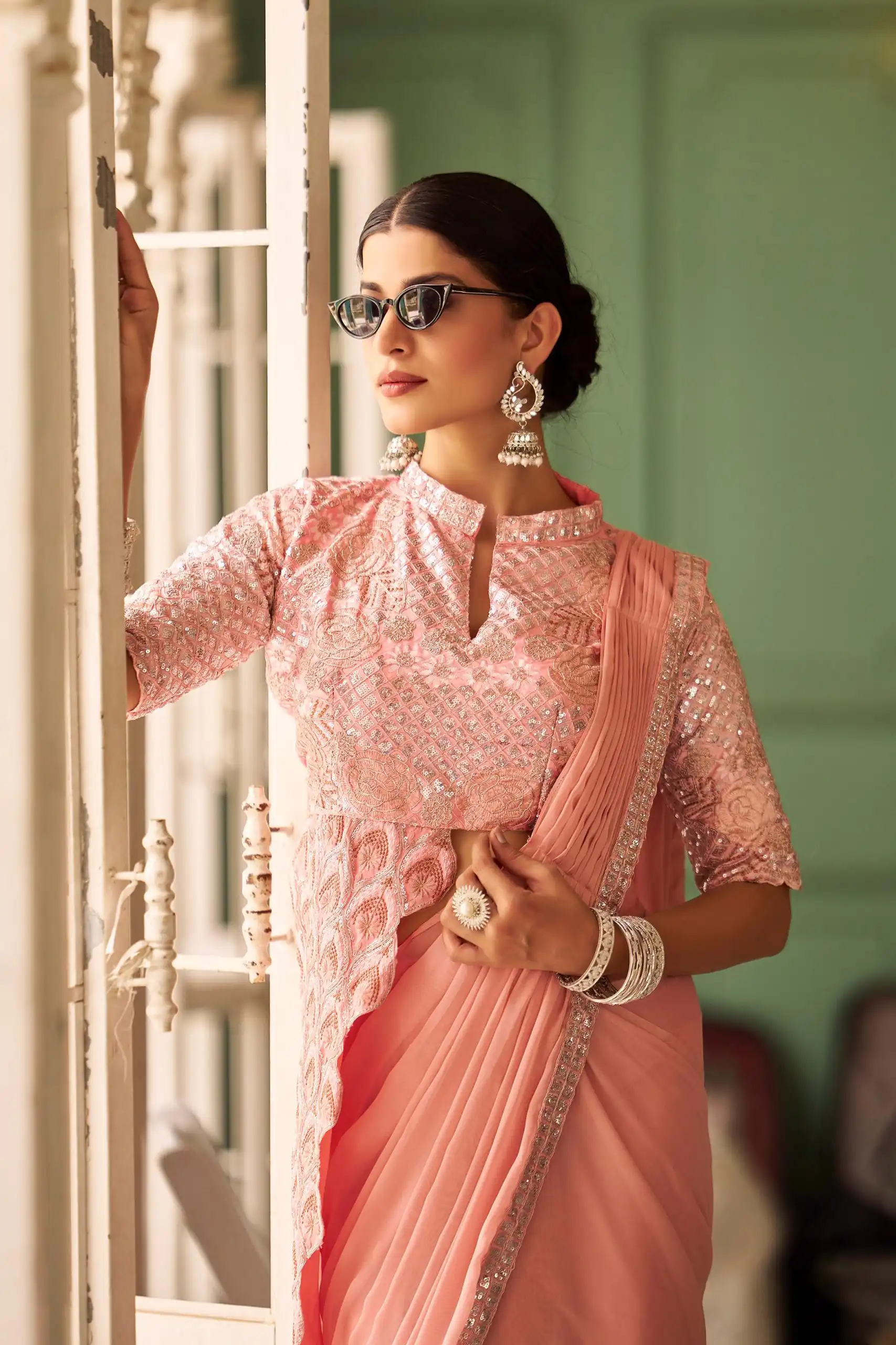 Peach Chinon Embroidery Work Lace Border Saree | Sarees, Bollywood Sarees, Creative Sarees, Designer Sarees, Embroidered Sarees, Ethnic Saree, Modern Digital sarees, Party Wear Sarees