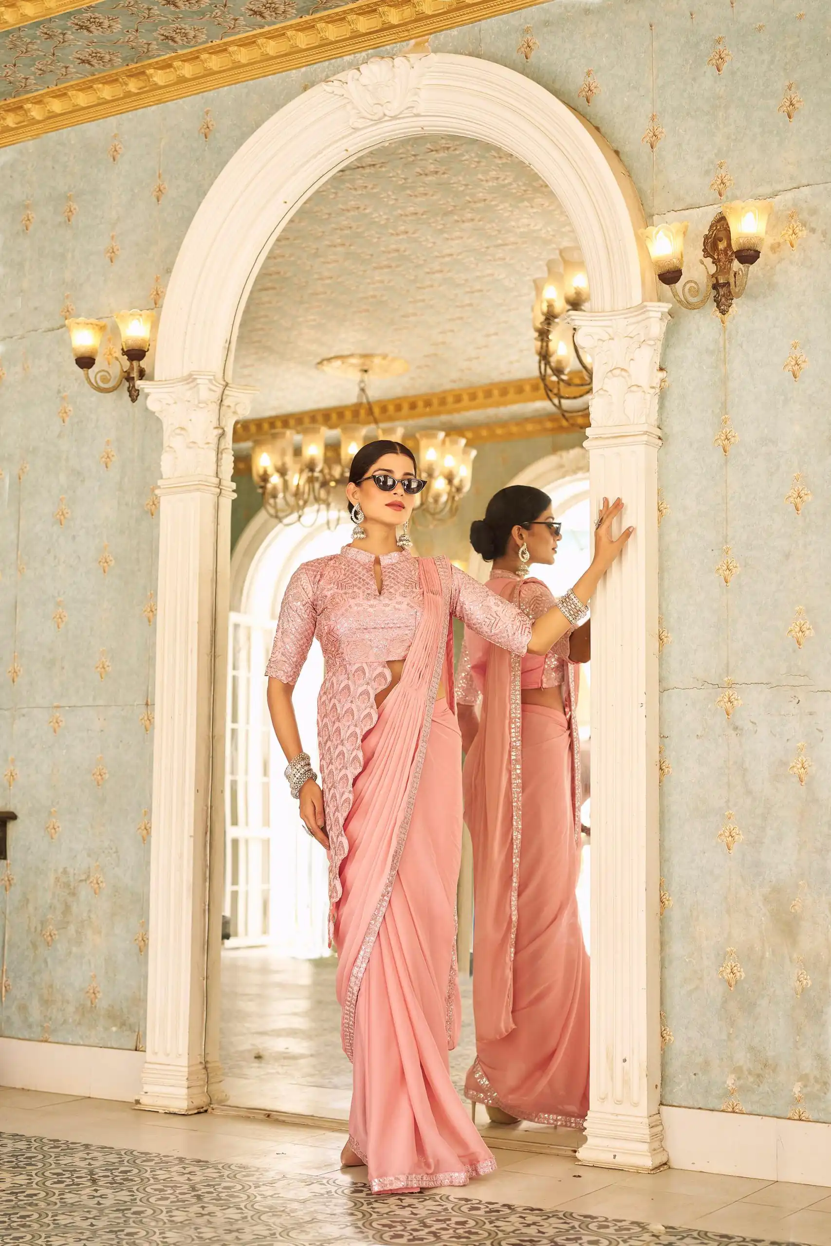 Peach Chinon Embroidery Work Lace Border Saree | Sarees, Bollywood Sarees, Creative Sarees, Designer Sarees, Embroidered Sarees, Ethnic Saree, Modern Digital sarees, Party Wear Sarees